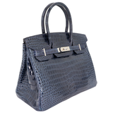 Hermès 30cm Birkin Bleu Marine Shiny Porosus Crocodile Palladium Hardware