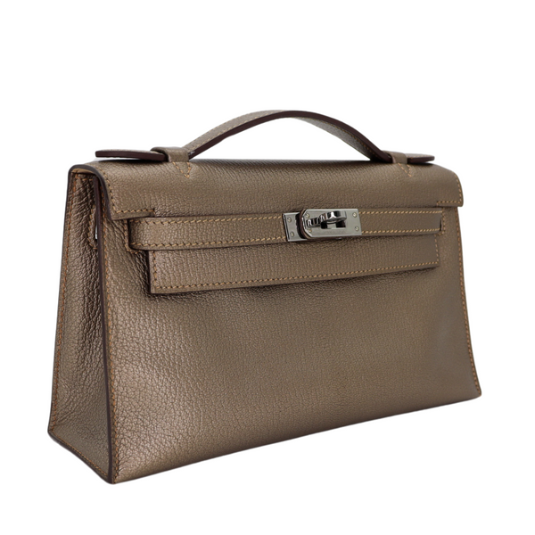 Hermès Kelly Pochette Bronze Metallic Swift Leather Palladium Hardware