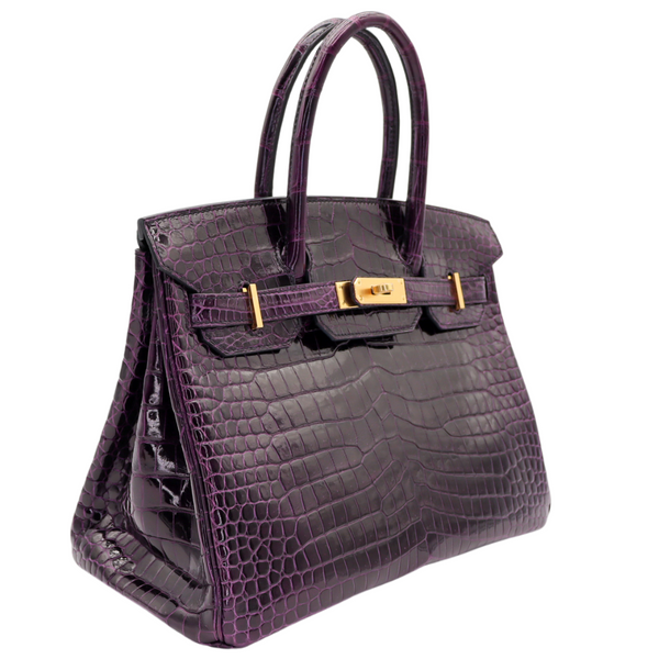 Hermès 30cm Birkin Amethyst Shiny Porosus Crocodile Gold Hardware
