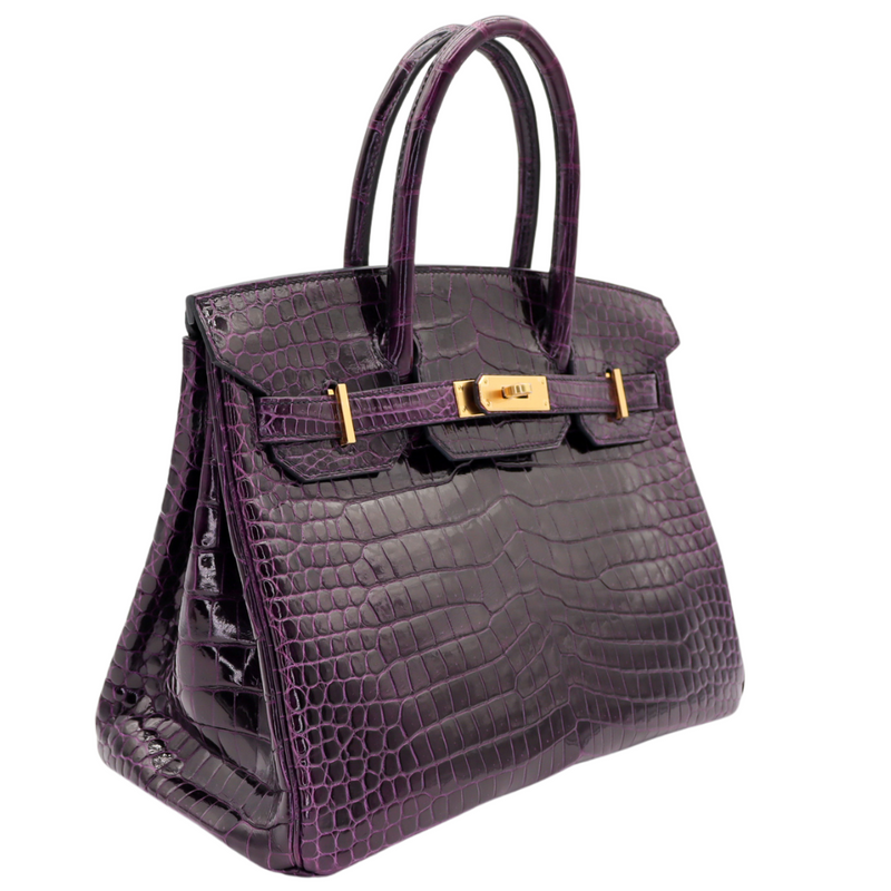 Hermès 30cm Birkin Amethyst Shiny Porosus Crocodile Gold Hardware