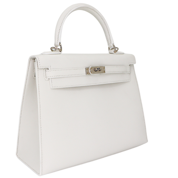 Hermès 25cm Kelly Sellier White Epsom Leather Palladium Hardware