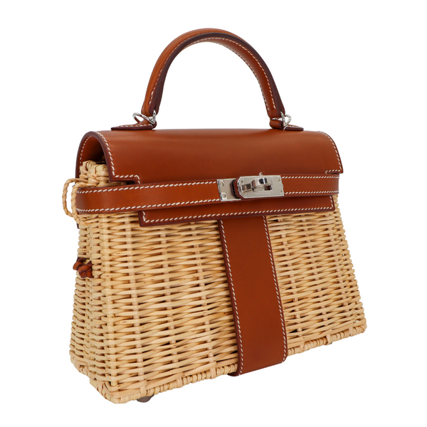 Hermès Kelly Picnic Mini Fauve Barenia Leather/Osier Wicker Palladium Hardware