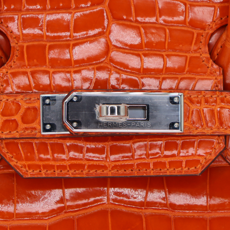 Hermès 30cm Birkin Orange Shiny Porosus Crocodile Palladium Hardware