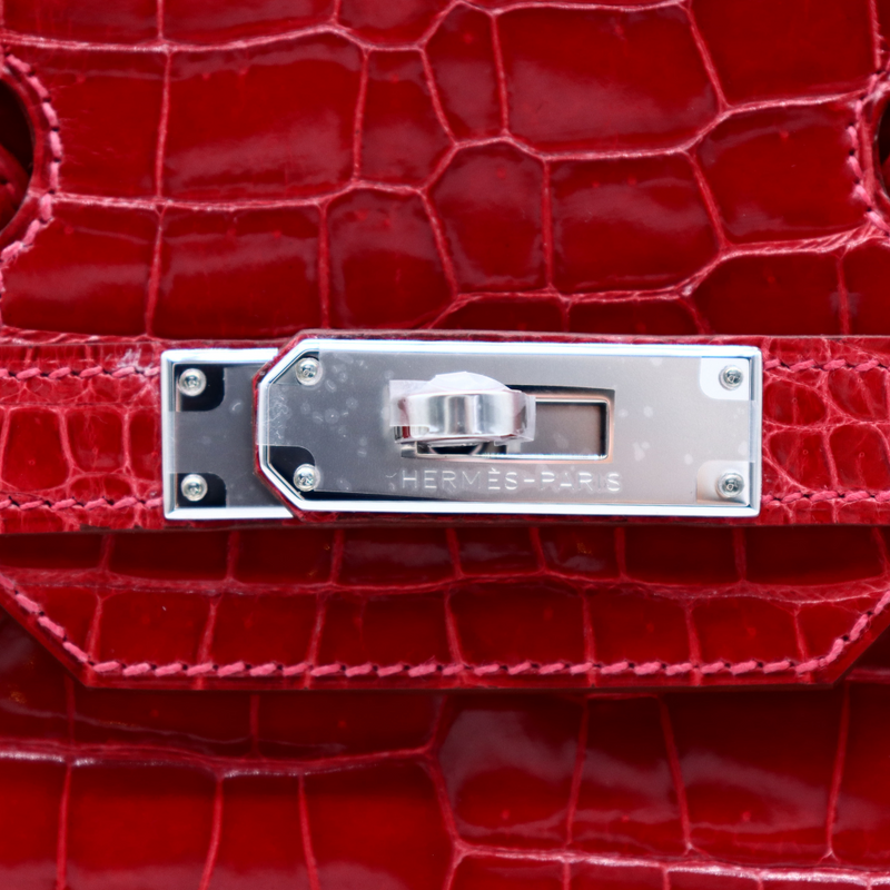 Hermès 30cm Birkin Braise Shiny Porosus Crocodile Palladium Hardware