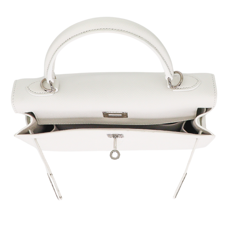 Hermès 25cm Kelly Sellier White Epsom Leather Palladium Hardware