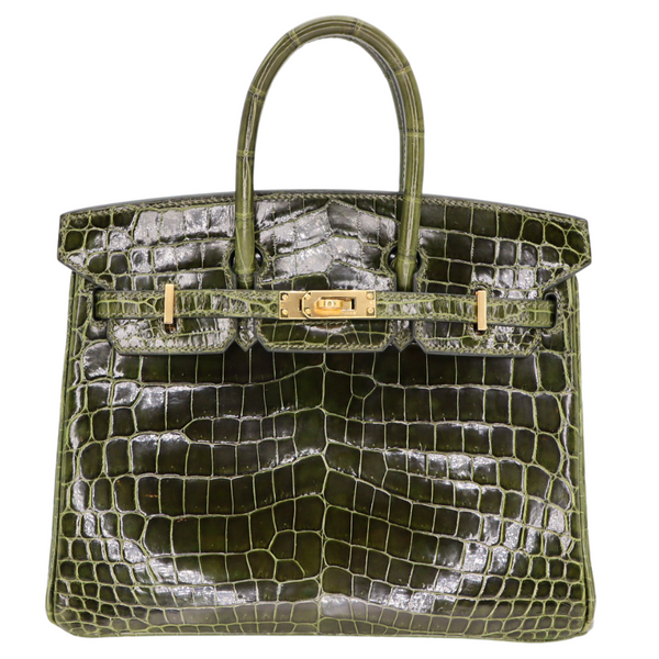 Hermès 25cm Birkin Vert Olive Shiny Niloticus Gold Hardware