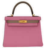Hermès 28cm Kelly Retourne HSS Bubblegum/Gris Tourterelle Chèvre Leather Brushed Gold Hardware