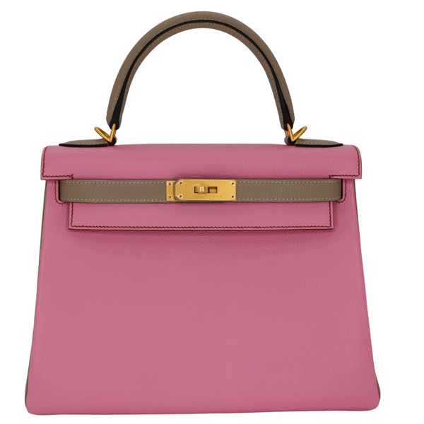 Hermès 28cm Kelly Retourne HSS Bubblegum/Gris Tourterelle Chèvre Leather Brushed Gold Hardware
