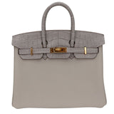 Hermès 25cm Birkin Touch Gris Perle Togo/Matte Alligator Gold Hardware