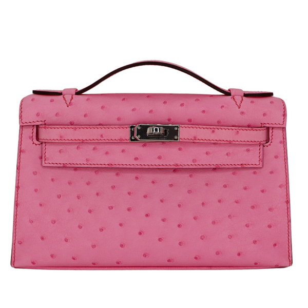 Hermès Kelly Pochette Bubblegum Ostrich Palladium Hardware