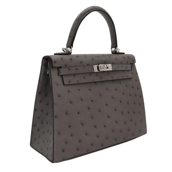 Hermès 25cm Kelly Sellier Gris Meyer Ostrich Palladium Hardware