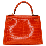 Hermès 28cm Kelly Sellier Orange Shiny Niloticus Crocodile Gold Hardware