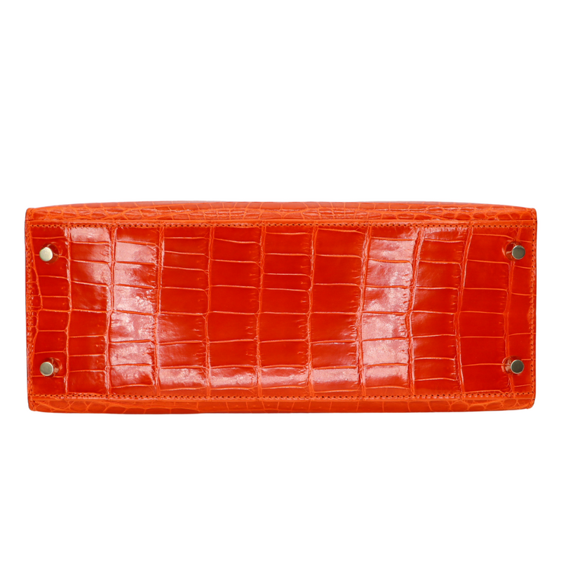 Hermès 28cm Kelly Sellier Orange Shiny Niloticus Crocodile Gold Hardware