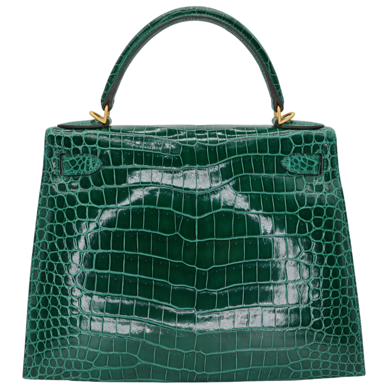 Hermès 28cm Kelly Sellier HSS Emerald Shiny Porosus Crocodile Brushed Gold Hardware