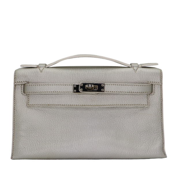 Hermès Kelly Pochette Silver Metallic Swift Leather Palladium Hardware