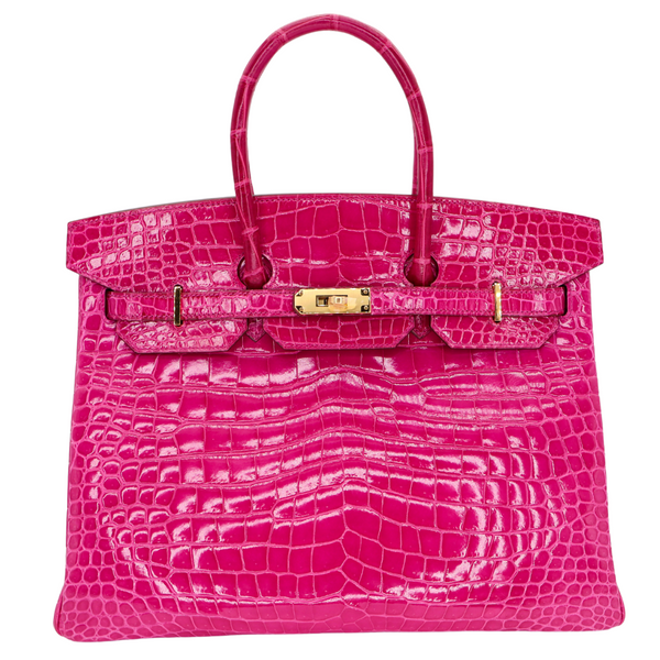 Hermès 35cm Birkin Rose Scheherazade Shiny Porosus Crocodile Gold Hardware