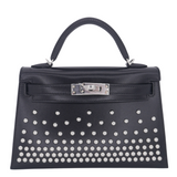 Hermès Kelly II Sellier Mini Cloute Black Box Calf Studded Leather Palladium Hardware