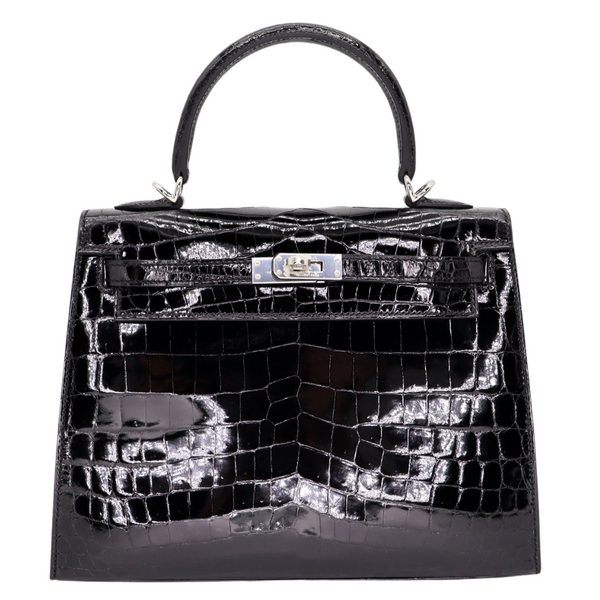 Hermès 25cm Kelly Sellier Black Shiny Niloticus Crocodile Palladium Hardware