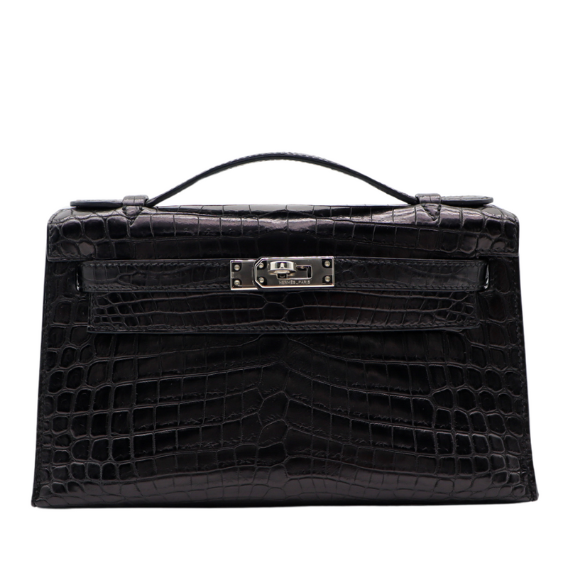 Hermès Kelly Pochette Black Matte Niloticus Crocodile Palladium Hardware