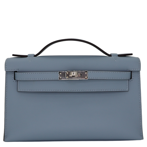 Hermès Kelly Pochette Bleu Lin Swift Leather Palladium Hardware