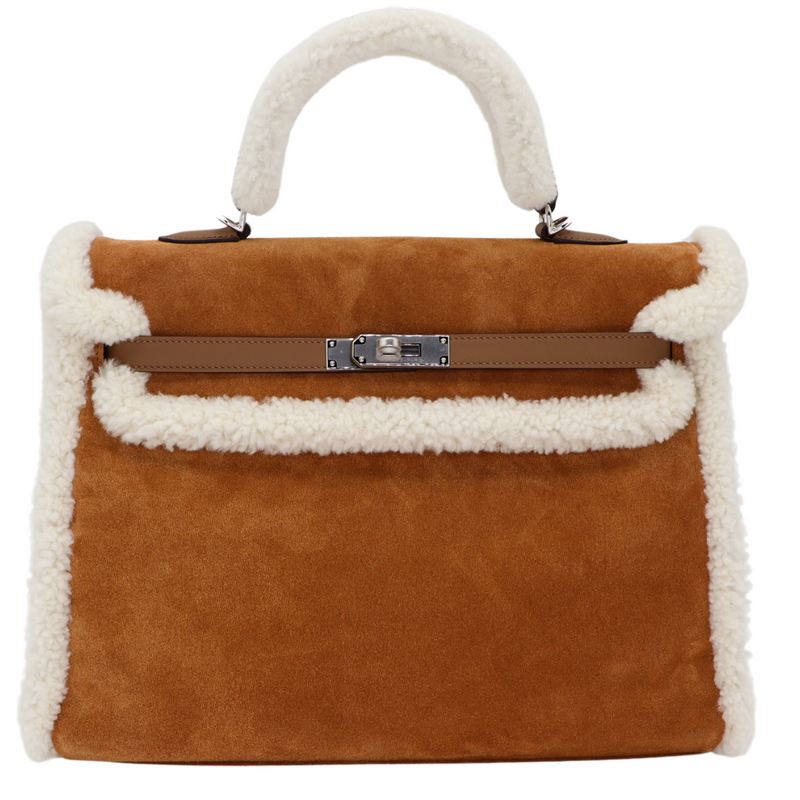 Hermès 35cm Kelly Teddy Shearling Chamois/Ecru/Alezan Suede Leather Palladium Hardware