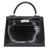 Hermès 25cm Kelly Sellier Black Shiny Porosus Crocodile Diamond Hardware