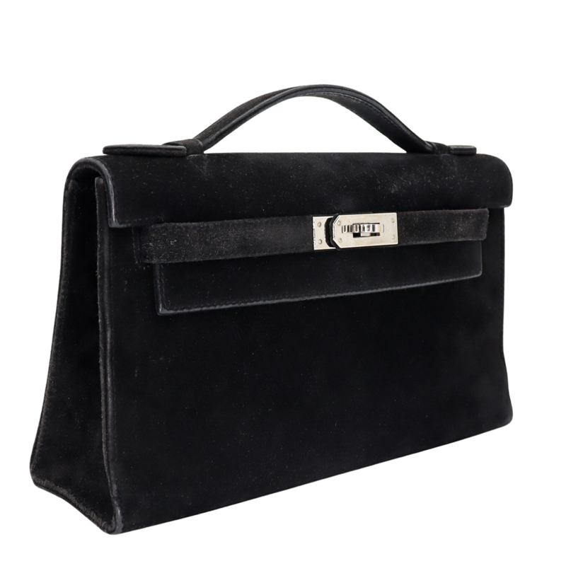 Hermès Kelly Pochette Doblis Black Suede Leather Palladium Hardware
