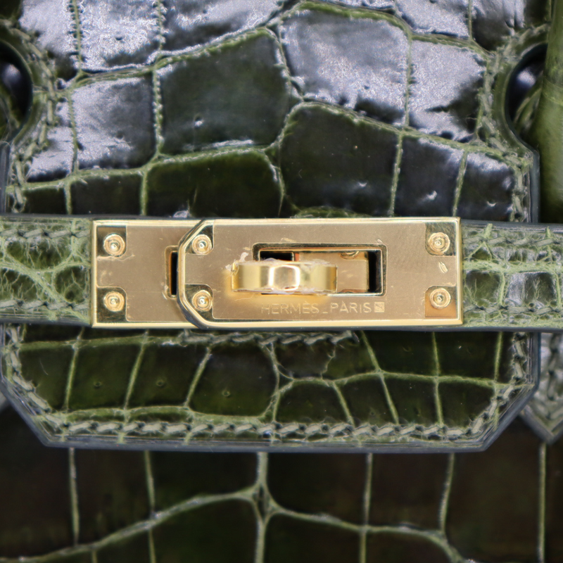 Hermès 25cm Birkin Vert Olive Shiny Niloticus Gold Hardware