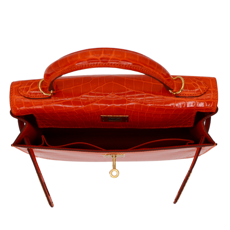 Hermès 28cm Kelly Sellier Orange Shiny Niloticus Crocodile Gold Hardware