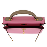Hermès 28cm Kelly Retourne HSS Bubblegum/Gris Tourterelle Chèvre Leather Brushed Gold Hardware