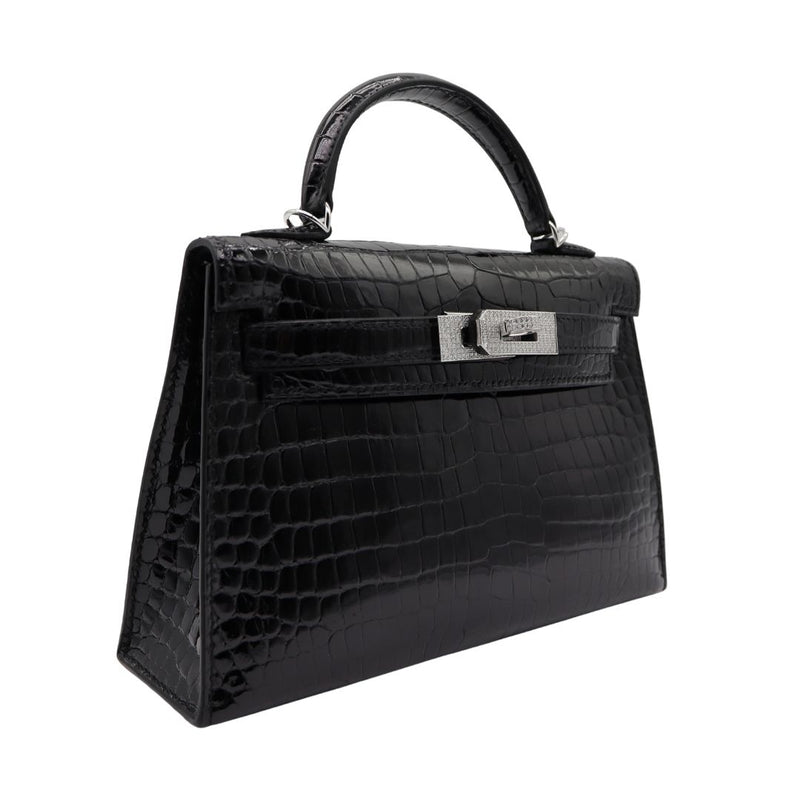 Hermès Kelly II Sellier Mini Black Shiny Porosus Crocodile Diamond Hardware