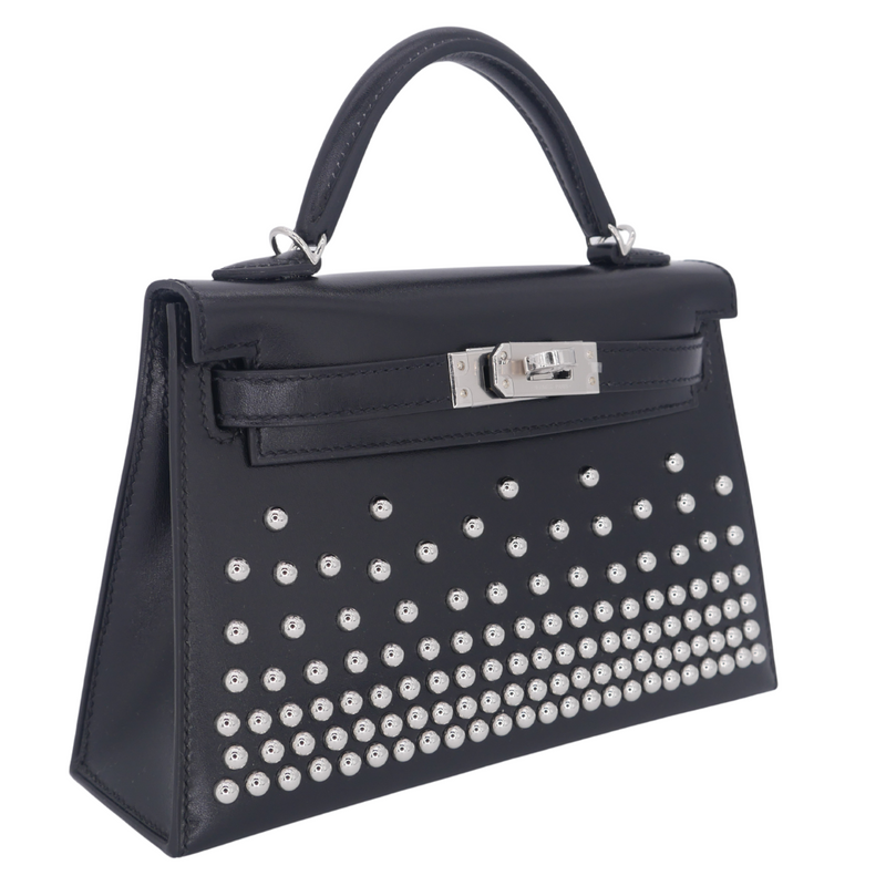 Hermès Kelly II Sellier Mini Cloute Black Box Calf Studded Leather Palladium Hardware