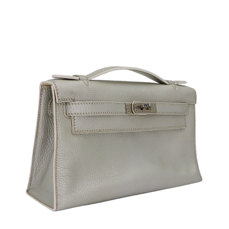 Hermès Kelly Pochette Silver Metallic Swift Leather Palladium Hardware