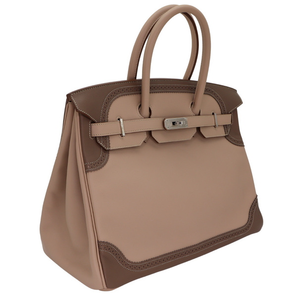 Hermès 35cm Birkin Ghillies Argile/Etoupe Swift Leather Palladium Hardware