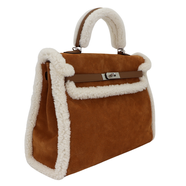 Hermès 35cm Kelly Teddy Shearling Chamois/Ecru/Alezan Suede Leather Palladium Hardware