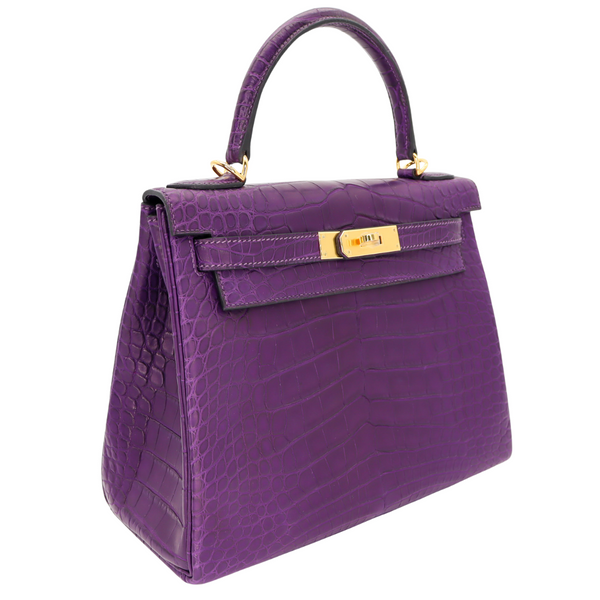 Hermès 28cm Kelly Retourne Amethyst Matte Alligator Gold Hardware