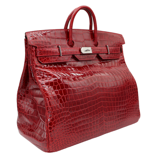 Hermès 50cm HAC Braise Shiny Porosus Crocodile Palladium Hardware