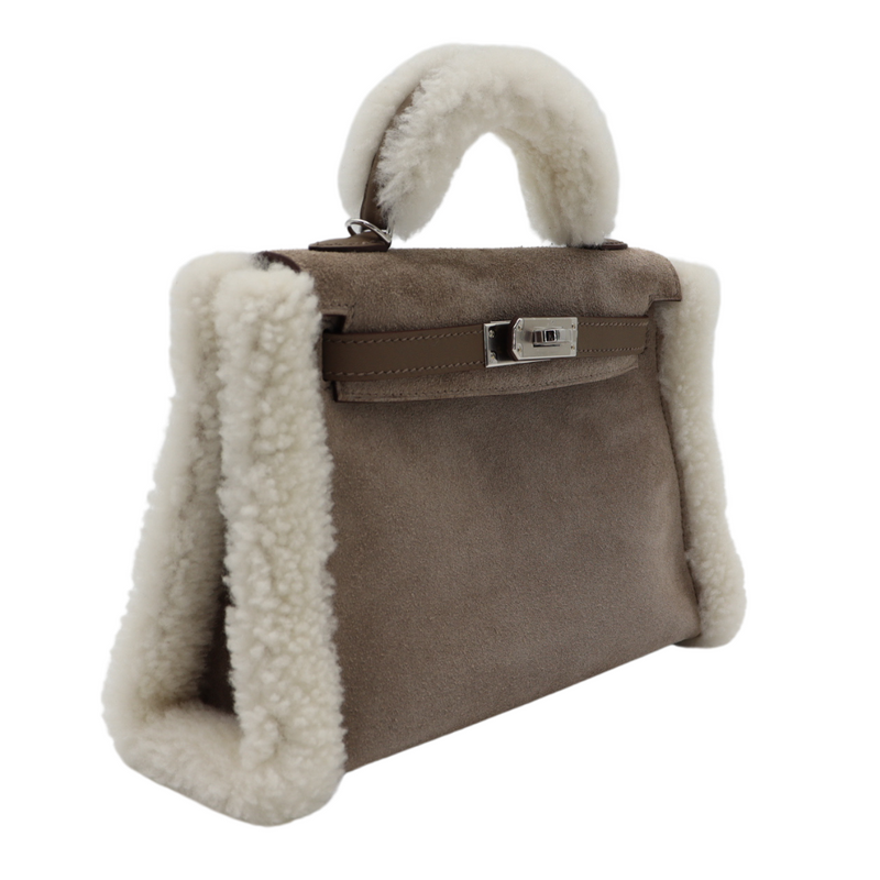 Hermès Kelly Mini Teddy Plush Shearling Gris Caillou/Etoupe Palladium Hardware