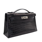 Hermès Kelly Pochette Black Matte Niloticus Crocodile Palladium Hardware