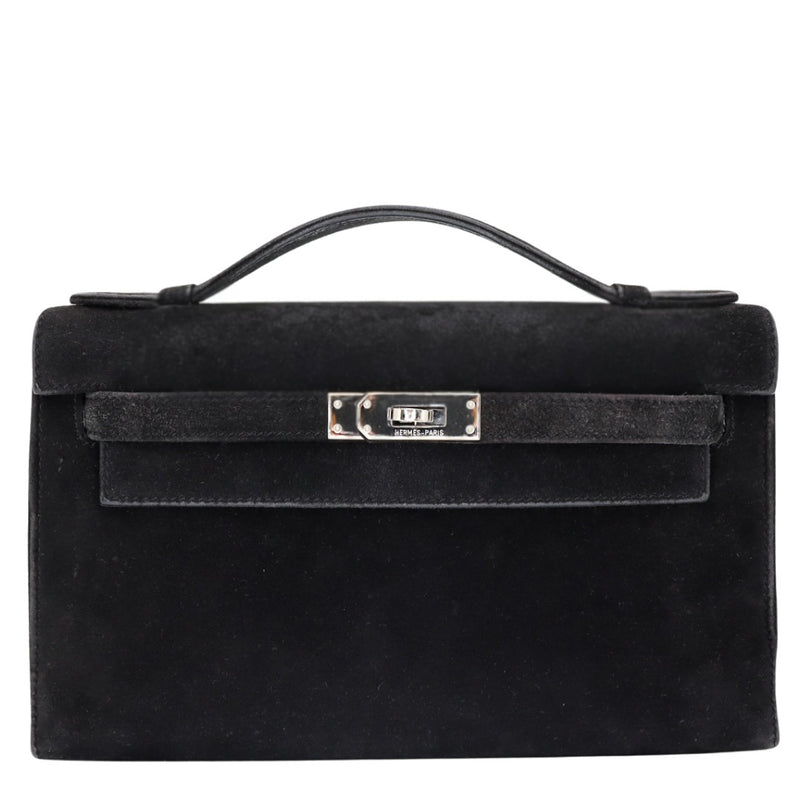 Hermès Kelly Pochette Doblis Black Suede Leather Palladium Hardware