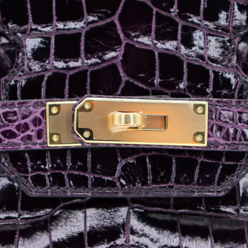 Hermès 30cm Birkin Amethyst Shiny Porosus Crocodile Gold Hardware