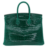 Hermès 25cm Birkin Vert Emeraude Shiny Porosus Crocodile Palladium Hardware