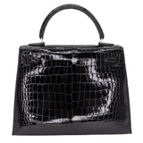 Hermès 25cm Kelly Sellier Black Shiny Porosus Crocodile Diamond Hardware