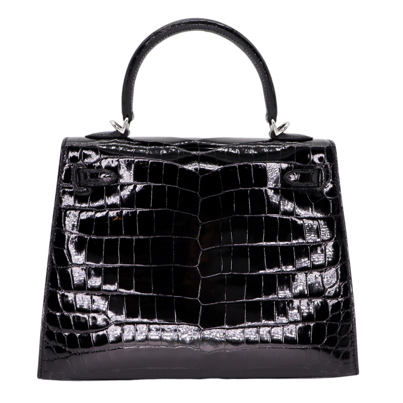 Hermès 25cm Kelly Sellier Black Shiny Niloticus Crocodile Palladium Hardware