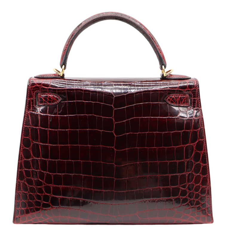 Hermès 28cm Kelly Sellier Bordeaux Shiny Niloticus Gold Hardware