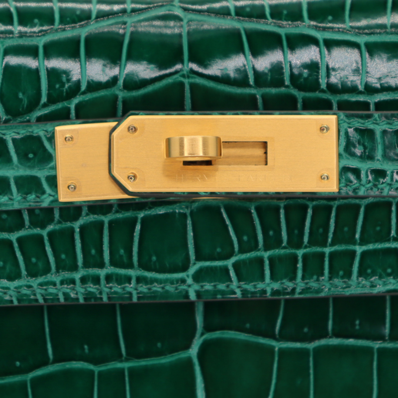 Hermès 28cm Kelly Sellier HSS Emerald Shiny Porosus Crocodile Brushed Gold Hardware