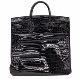 Hermès 40cm HAC Black Shiny Porosus Crocodile Gold Hardware