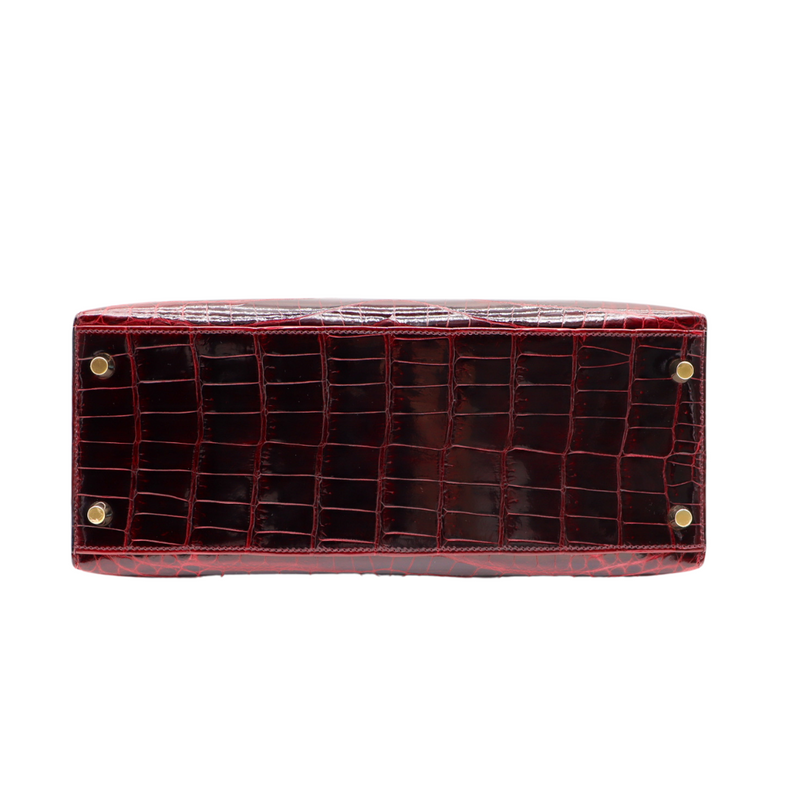 Hermès 28cm Kelly Sellier Bordeaux Shiny Niloticus Gold Hardware