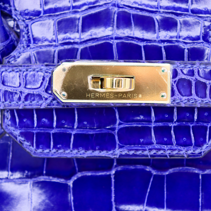 Hermès 35cm Birkin Bleu Electrique Shiny Porosus Crocodile Gold Hardware