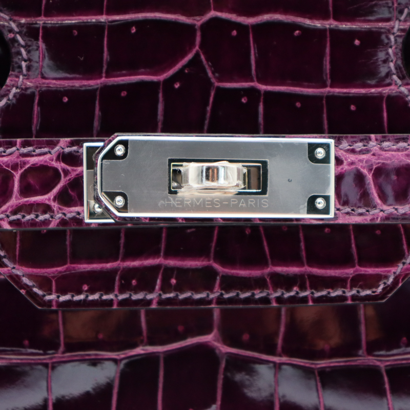 Hermès 30cm Birkin Amethyst Shiny Porosus Crocodile Palladium Hardware